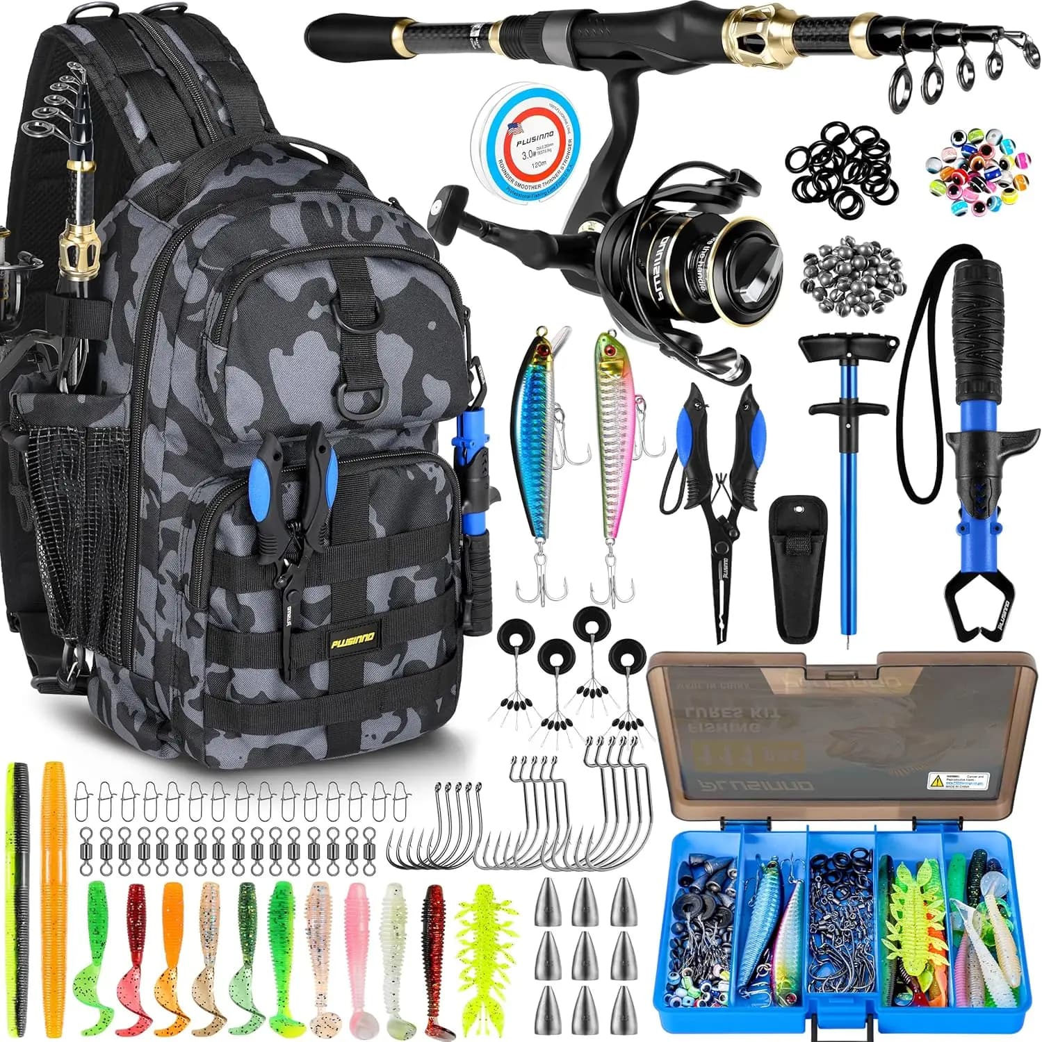 PLUSINNO Fishing Backpack with Combo Canna and Mulinello, Equipment Door Box, Waterproof Fishing Equipment Backpack