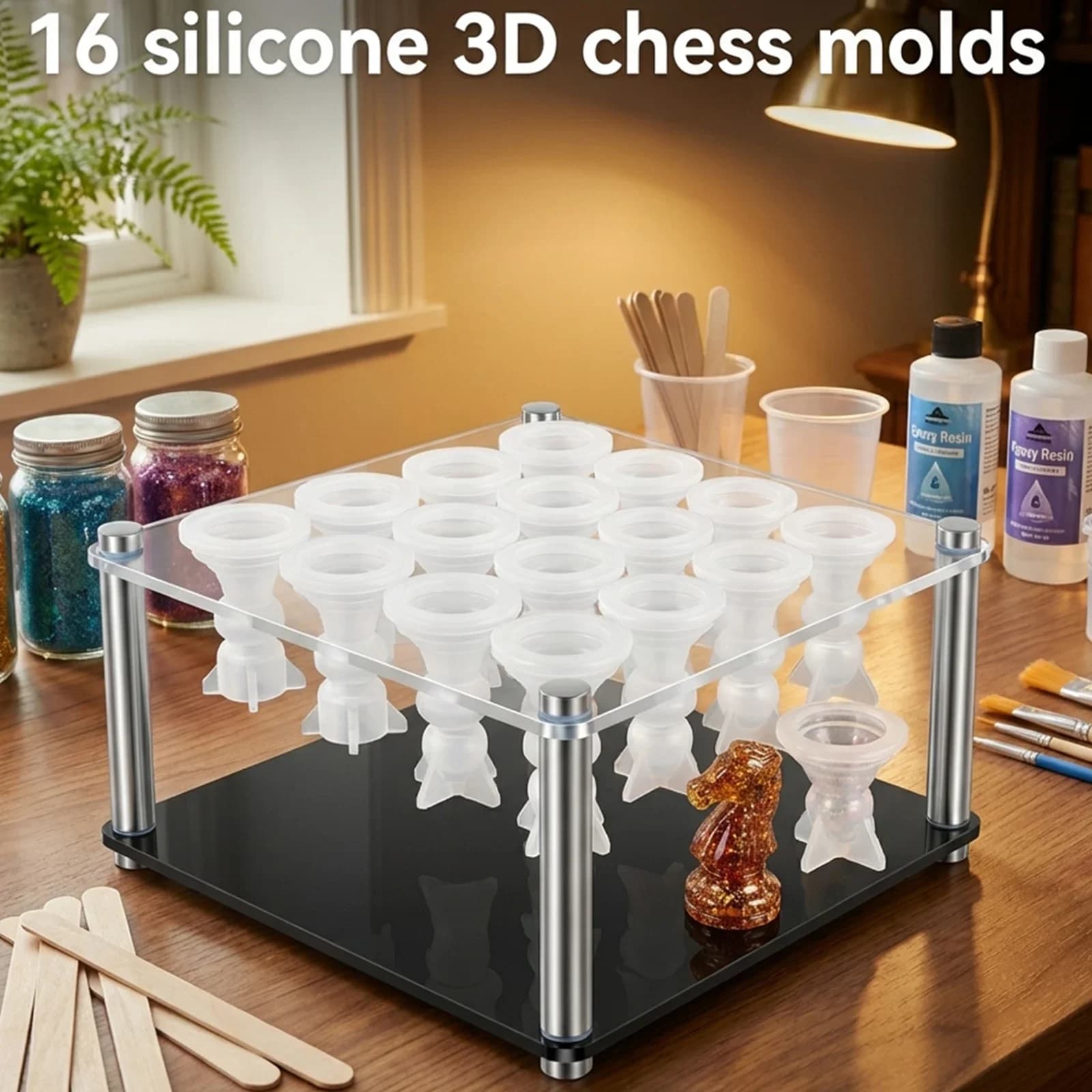Resin Chess Set Mold with 1 Chess Piece Holder 16 Pieces 3D Silicone Molds Kit for Epoxy Resin Casting DIY Board Game Home Craft