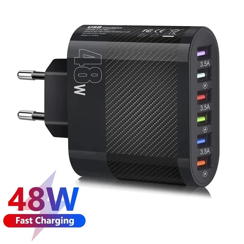 Caricatore USB A da 48 W Caricatore rapido multiplo a 6 porte Caricatore rapido USB per telefono cellulare da 3,5 A per iPhone Samsung Huawei Caricatore da muro