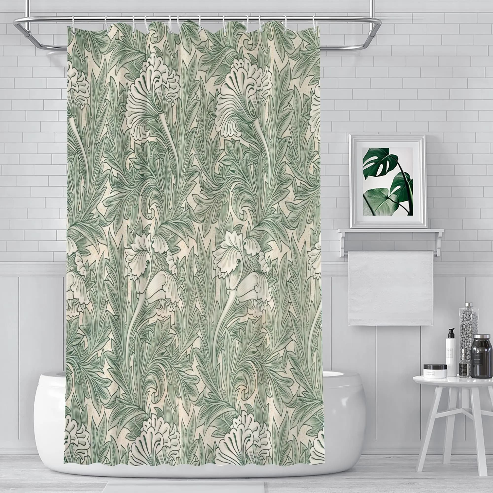 Elegant Botanical Leaf Pattern Shower Curtain Bathroom Shower Curtain Waterproof Liners for Modern Home Decor