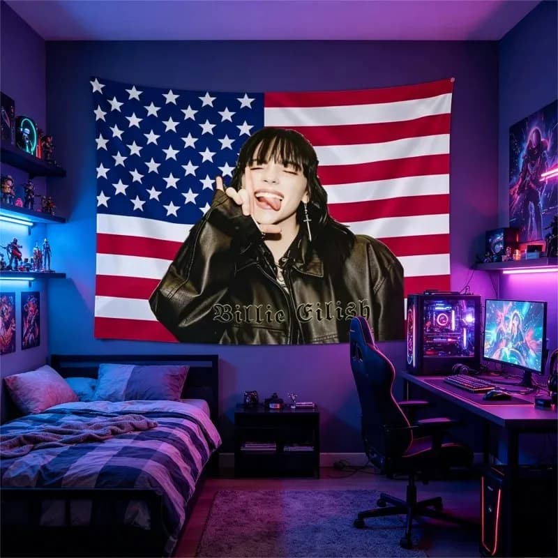 VIKAMA Billie Eilish Tapestry Hip Hop Flag Wall Hanging Fan Room Decor Aesthetic Poster Music Merch Gift Home Bedroom