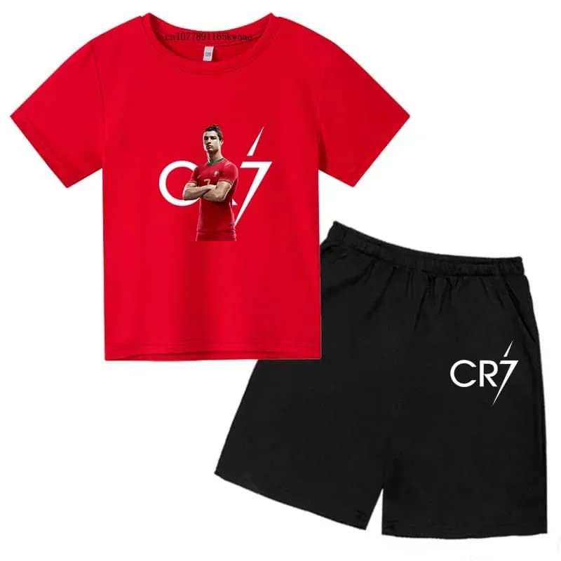 Completi sportivi estivi CR7 per bambini 3-14 anni, set casual 2 pezzi con t-shirt a maniche corte e pantaloni, abbigliamento idol per bambini