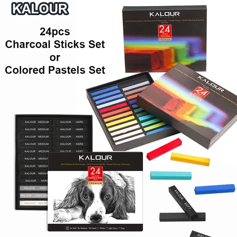 KALOUR 24 Art Supplies Set-Soft Pastels or Compressed Charcoal Sticks Professional Drawing Kit for Artists Adults Beginners Kids