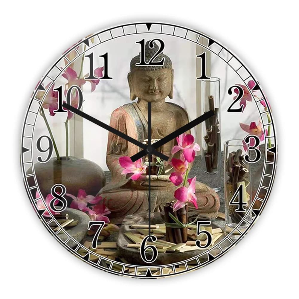 Orologio da Parete con Stampa Buddha e Loto, Decorazione Zen per Studio Yoga, Ispirato al Buddismo, Meditazione, Fiore di Loto, Moderno Orologio Acrilico da Appendere