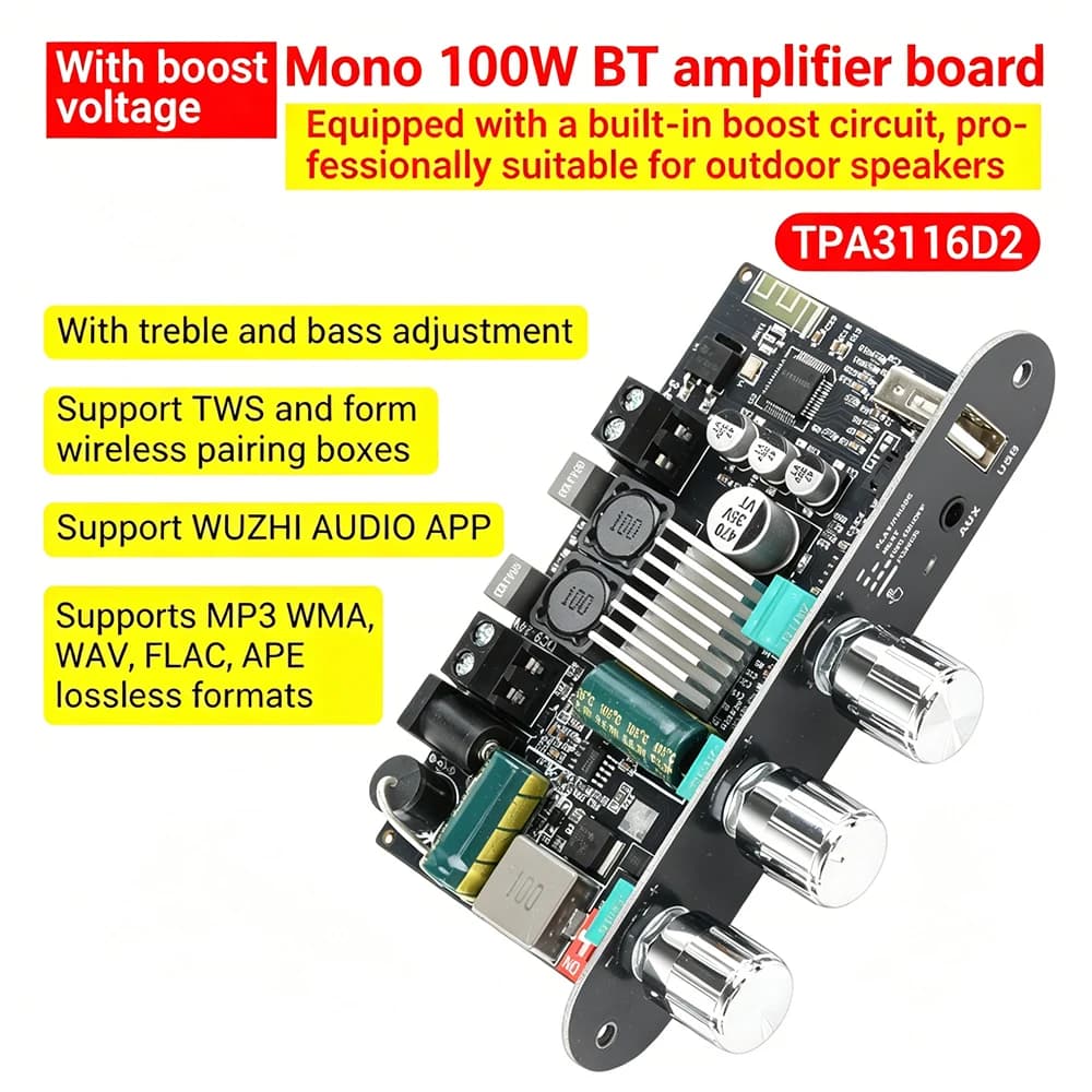 100W Mono Bluetooth 5.3 Amplifier Board TPA3116D2 Boost Circuit DC9-24V BT AUX USB Input DIY Portable Outdoor Speaker Amp Module