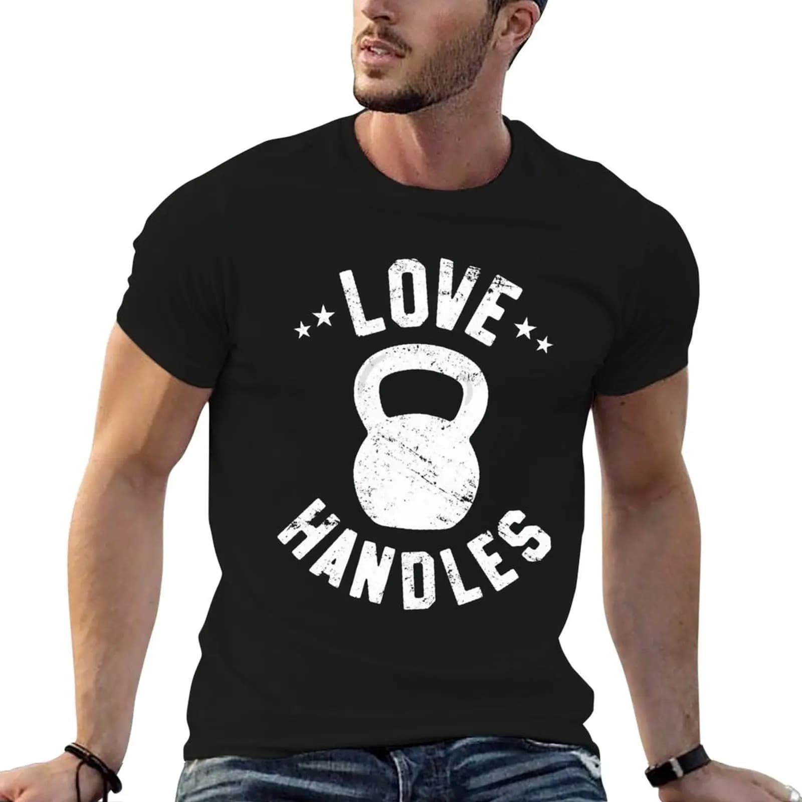 Divertente maglietta con stampa Kettlebell Love Handles per fitness e palestra, maglietta da uomo in cotone pesante, 100% cotone.