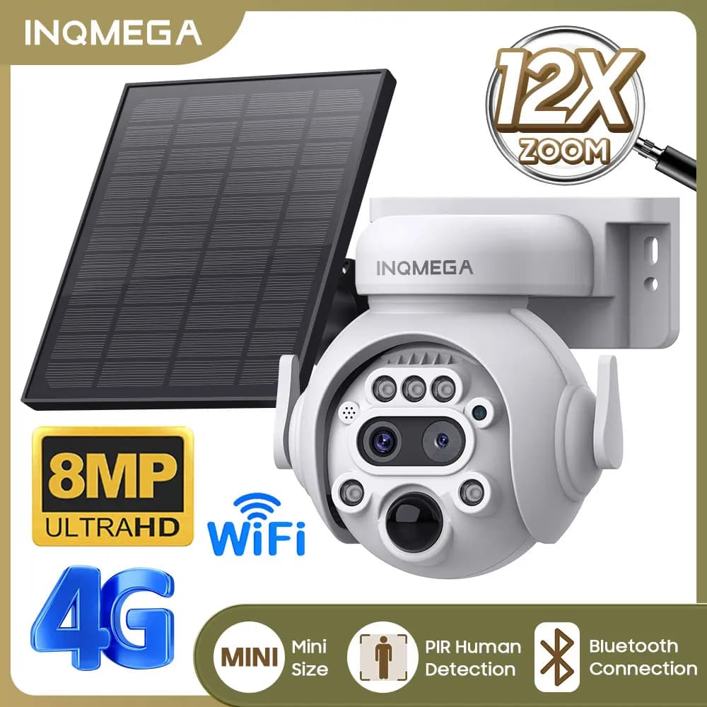 INQMEGA 8MP 4K Telecamera ad energia solare Telecamera WIFI esterna 4G con pannello solare 12X Zoom ottico e digitale Sorveglianza CCTV