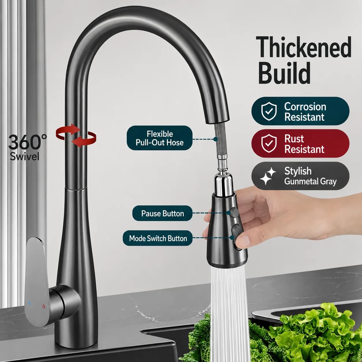 Rubinetto da Cucina Estraibile con Rotazione a 360°, Miscelatore Acqua Calda e Fredda, Doppia Modalità Spray, in Acciaio Inox per Accessori da Cucina