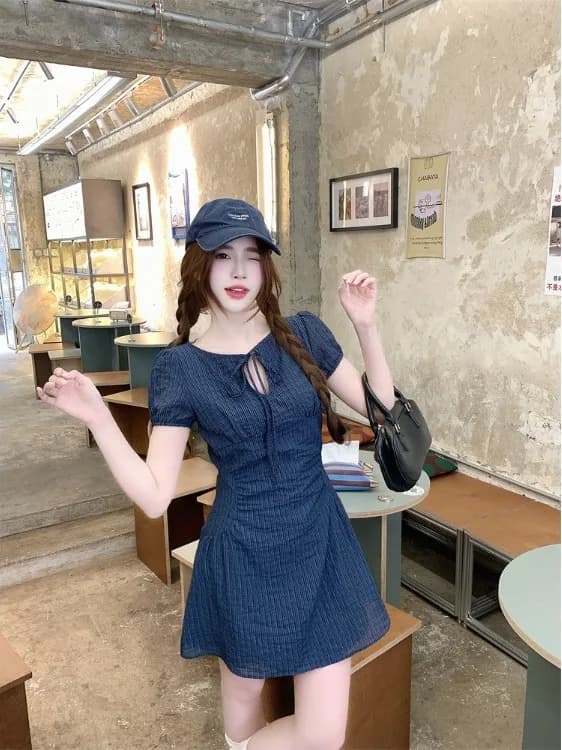 plus Size Women's Pure Desire Hollow out Short Sleeve Dress Summer New Waist Cinching Slimming Design Belted A-Line Skirt