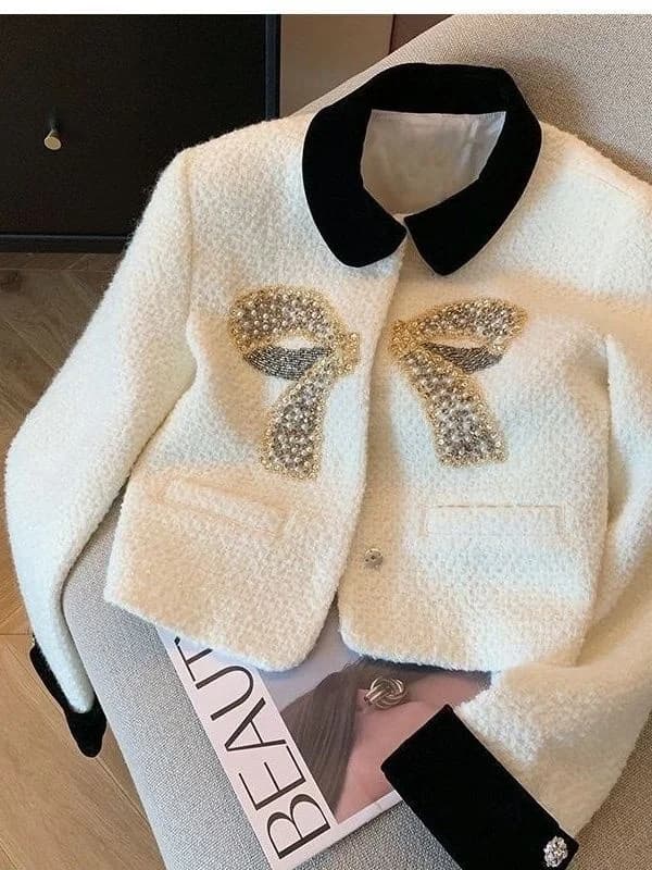 Heavy Embellished Knot Patchwork Turn-down Collar Short Top Small Fragrance Style Jacket Autumn High Fashion Sensat...