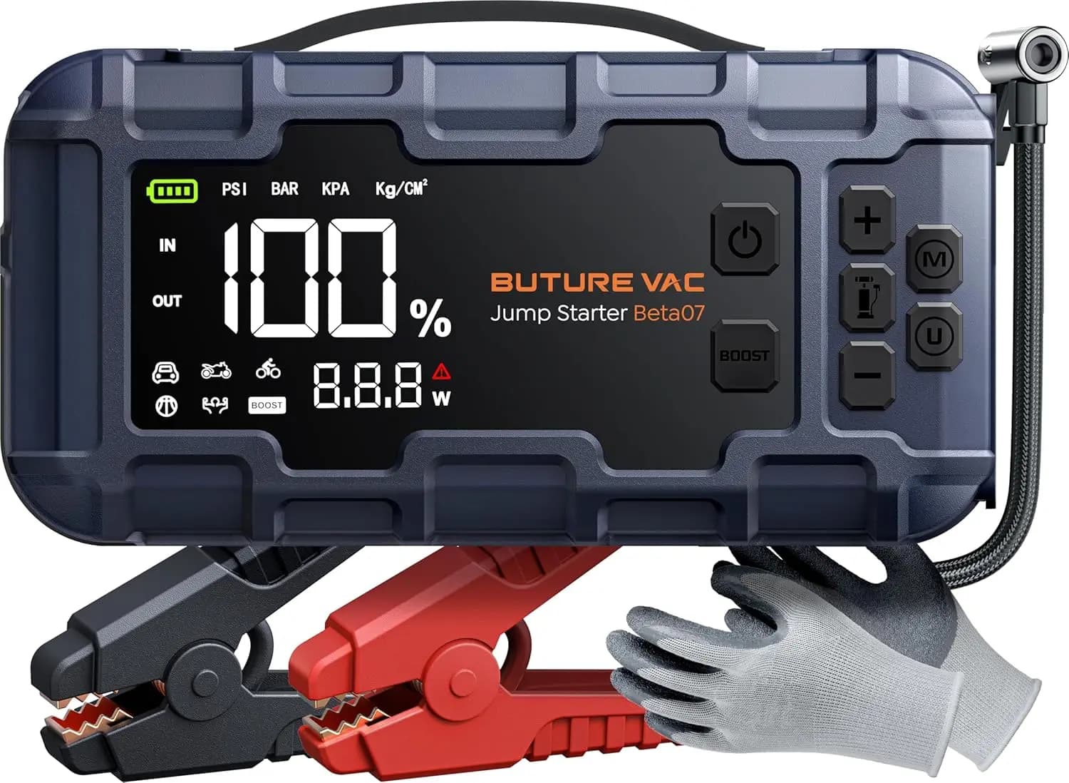 Avviatore di Emergenza Portatile 10-in-1 per Auto con Compressore d'Aria, Potenza 8000A, 160PSI, Include Cavi di Avviamento e Guanti