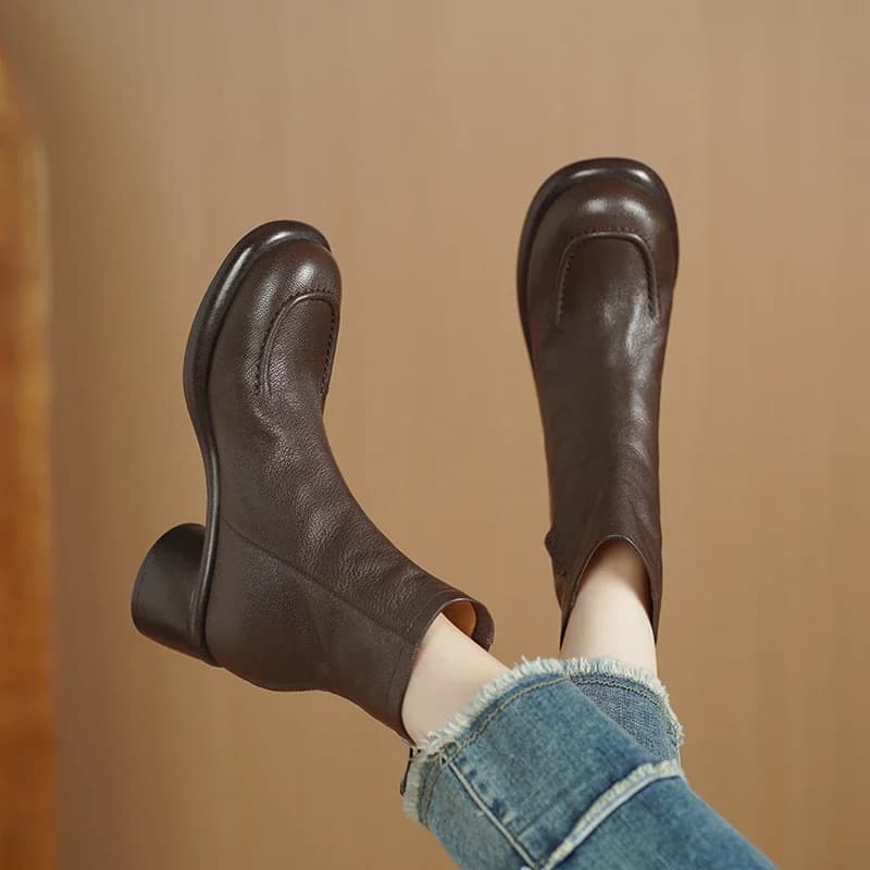 2026 new autumn winter natural leather women ankle boots 22-25cm soft sheepskin back zip wrinkle round heel short boots fashion