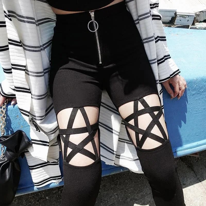 Pantaloni a matita da donna Hollow Kill Star Pantaloni punk gotici casual tagliati Leggings Pantaloni Y2k da donna