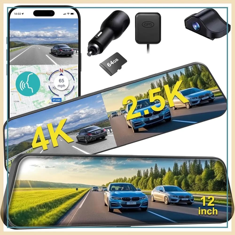Dash Cam Doppia 12" 4K+2.5K, ADAS BSD, Visione Notturna, Monitoraggio Parcheggio, GPS, Scheda 64GB Inclusa