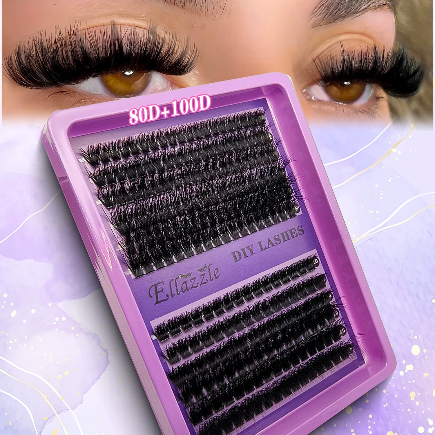 80D100D thick fake eyelashes with mixed length, cat-eyed style with D curvature for a soft and dramatic look, suitable for beginners