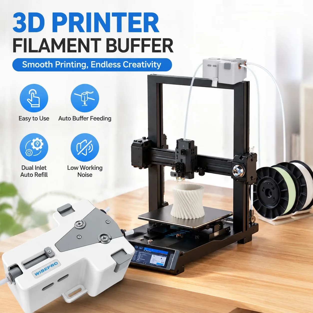 3D Printer WISEPRO Tangent PLA/ABS 1.75mm Filing with Automatic Power Supply and Filament Charging, Tampon for Printer Installation