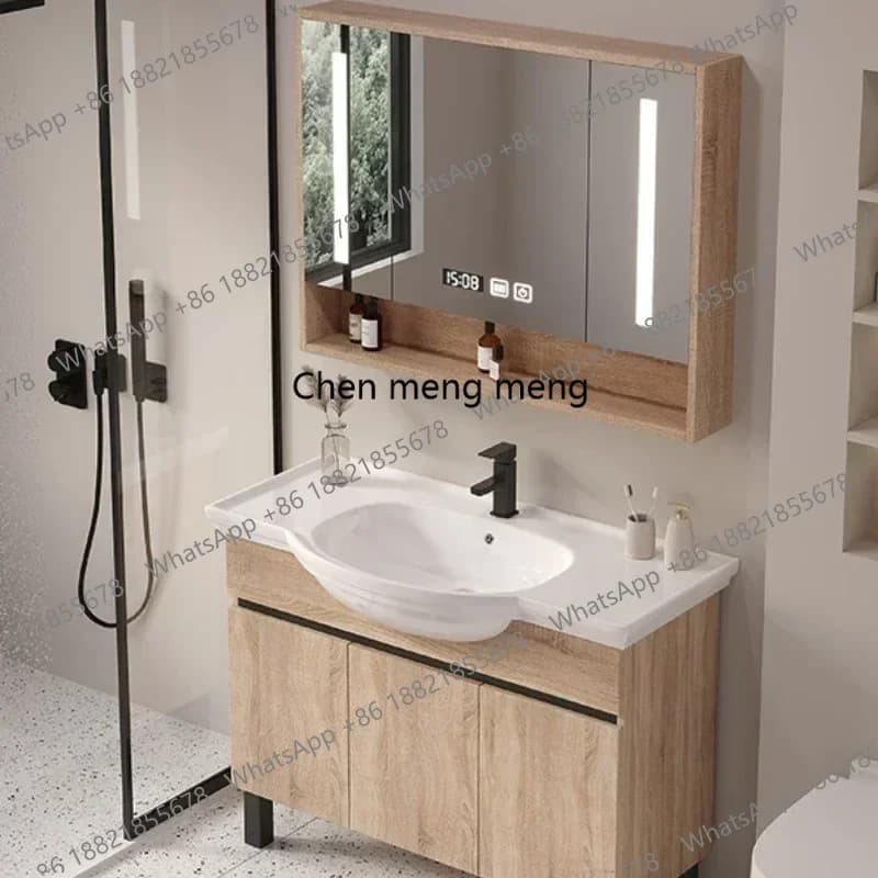 Mobili da bagno in legno con lavabo in ceramica Armadietto a specchio intelligente Vanity da bagno moderno con lavabo Mobili da bagno