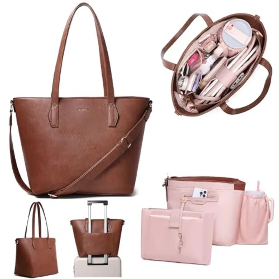 Borsa Tote da Donna per Laptop 16 Pollici in Pelle Vegana, Borsa da Lavoro con Portabicchieri, Protezione RFID Anti-Furto e Tasca per Trolley