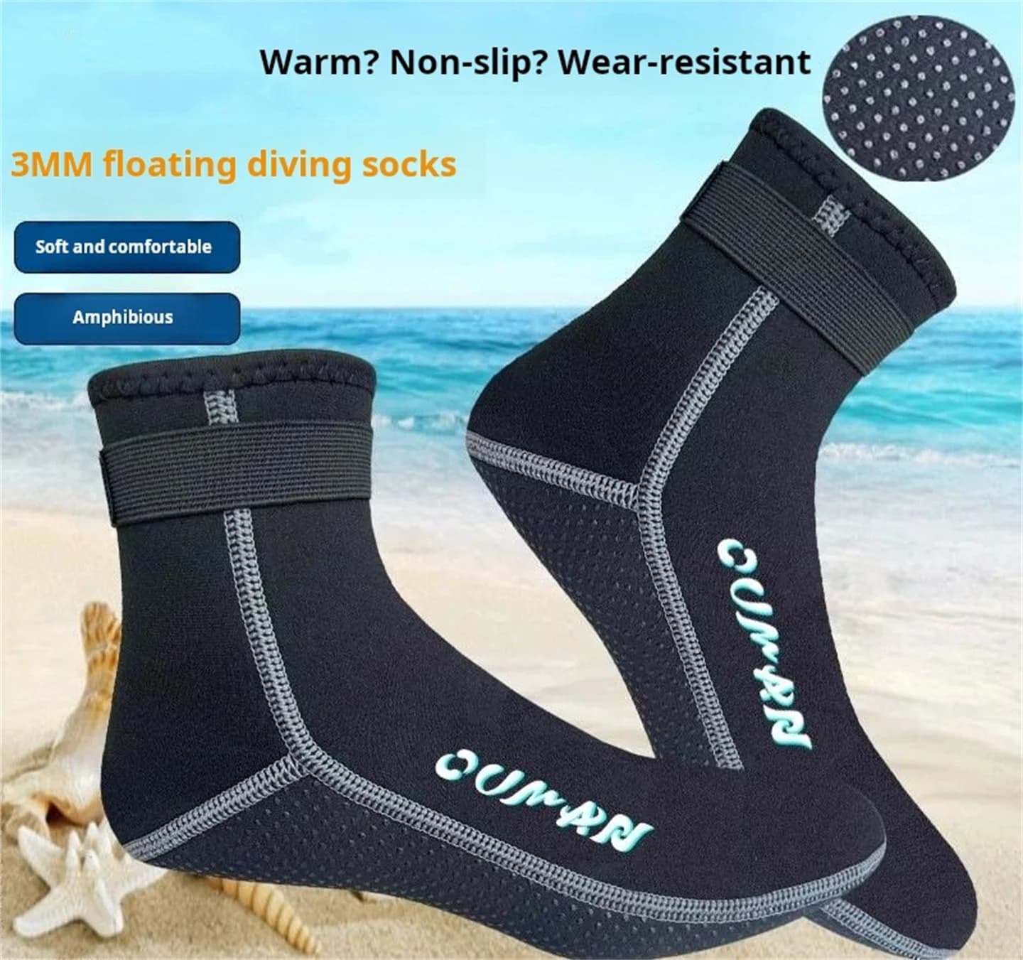 3 mm neoprene unisex immersion socks: anti-slip/anti abrasion protection, hot | For beach sports, swimming, surfing and snorkeling