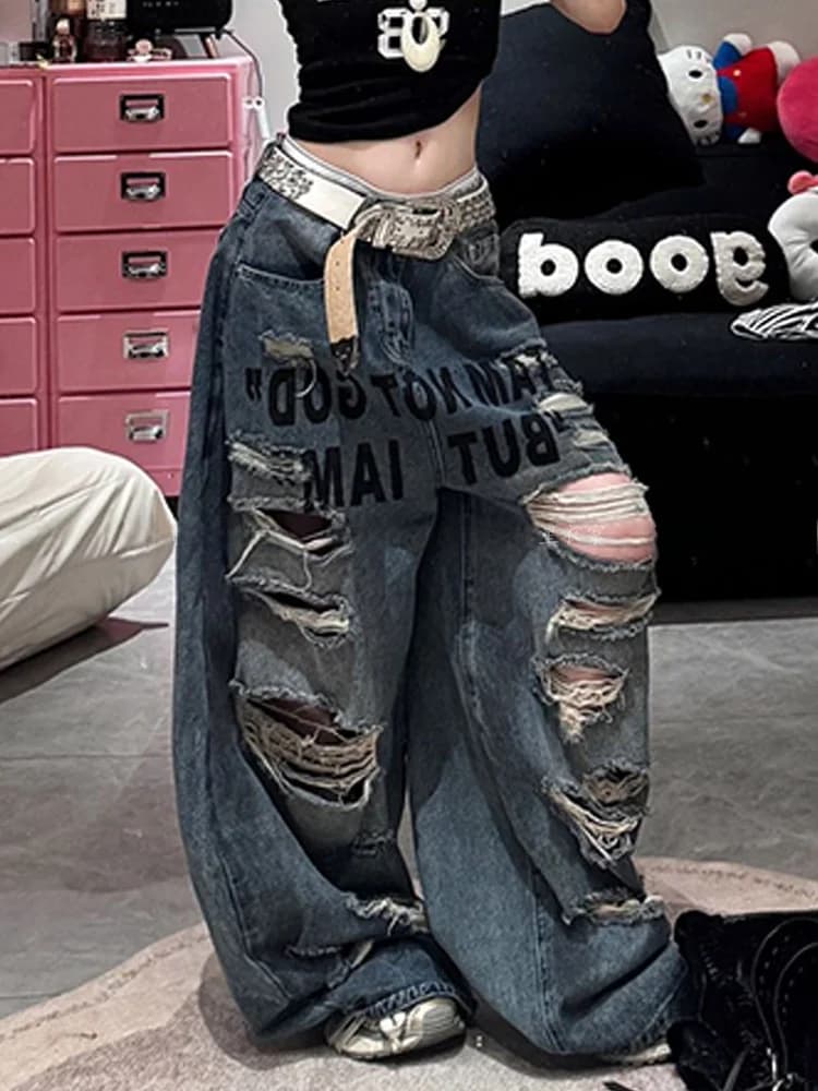 Retro American Street Style Women's Jeans High Waist Loose Fit Straight Leg Denim Pants with Letter Design for Summer