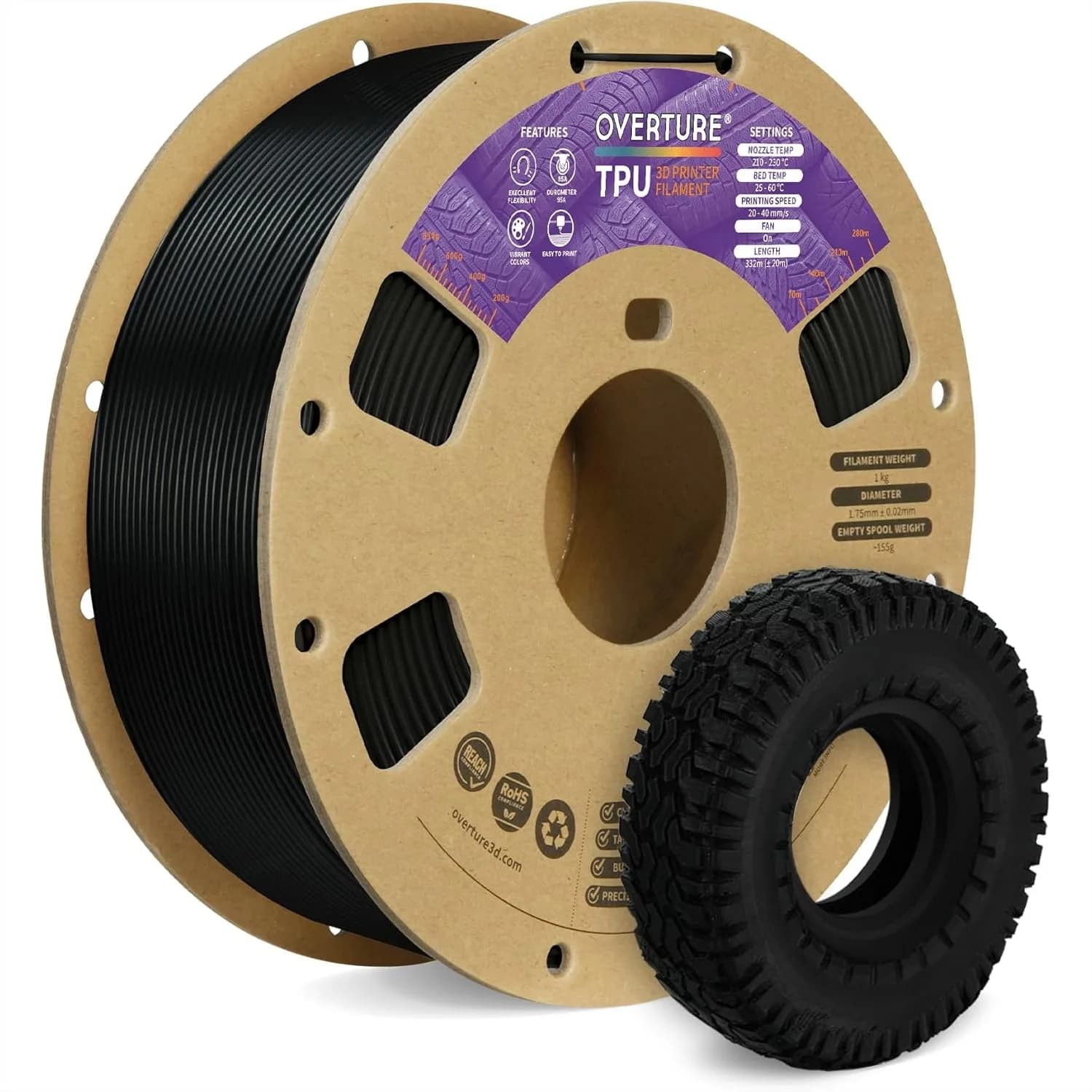 Filamento TPU 1.75mm Flessibile, Morbido 95A per Stampanti 3D, Bobina da 1kg (2.2 libbre), Compatibile con la Maggior Parte delle Stampanti FDM
