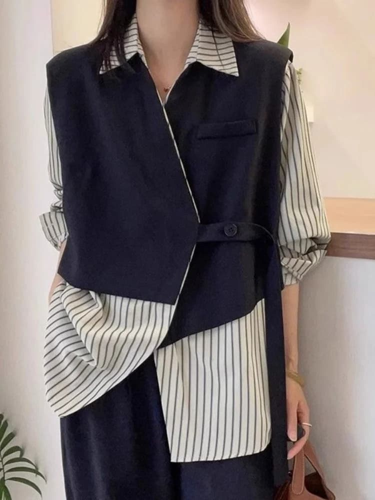plus Size Striped Shirt Loose Splicing Two-Piece Look Spring Autumn Elegant Fashionable plus Size Women's Commute Style Blouse