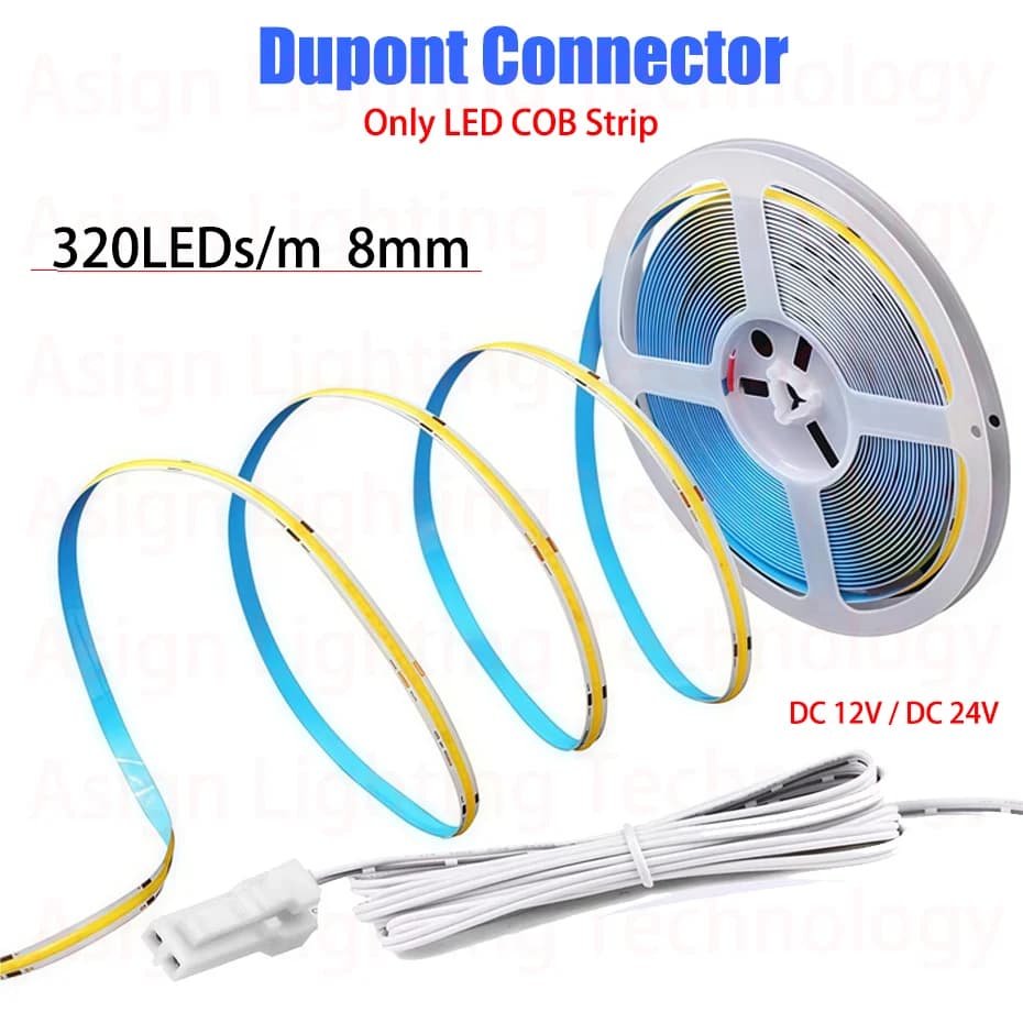 Striscia LED COB con Interfaccia Dupont da 1m-5m, DC12V 24V, Bianco Caldo/Bianco Neutro, Morbida e Tagliabile, 8mm 320LED/m, per Decorazioni Fai-da-Te