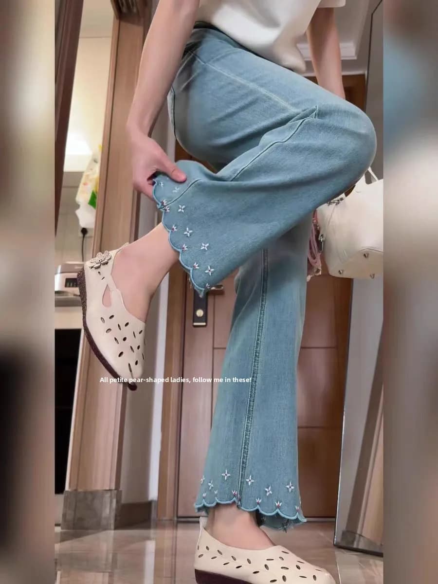 Jeans da donna a vita alta, gamba dritta, in denim elasticizzato di cotone, sottili estivi, ricamati, a zampa d'elefante, lunghi al polpaccio