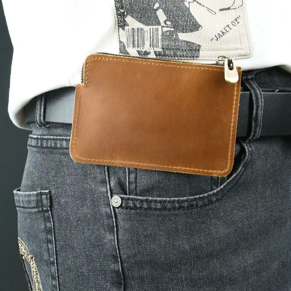 Genuine Leather Men's Short Wallet Ultrathin Retro Belt Hanging Money Pouch with Belt Loop Portable Zipper Coin Purse Outdoor