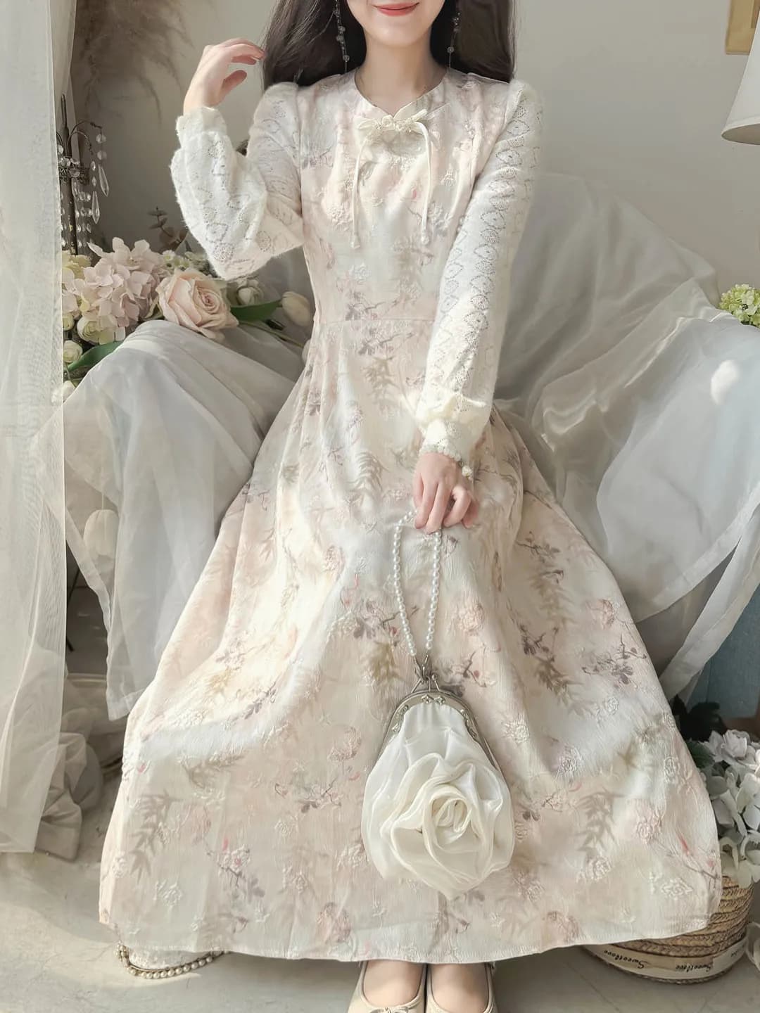Princess Fleeing Spring 2026 Romantic Floral Print Splice Girl Daily Improved National Style Dress French Style Belted Lanter...