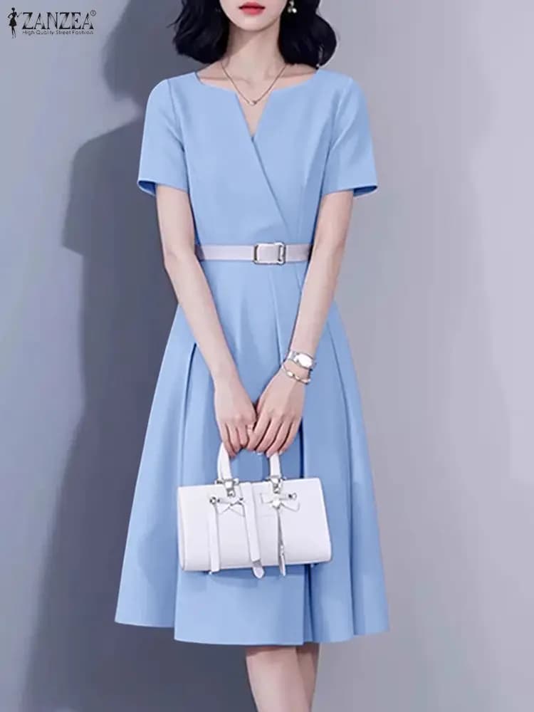ZANZEA Abito Estivo da Donna 2026 Elegante con Scollo a V, Vestito da Ufficio a Maniche Corte, Vestito da Festa Elegante con Pieghe, Abito Midi a Vita Alta