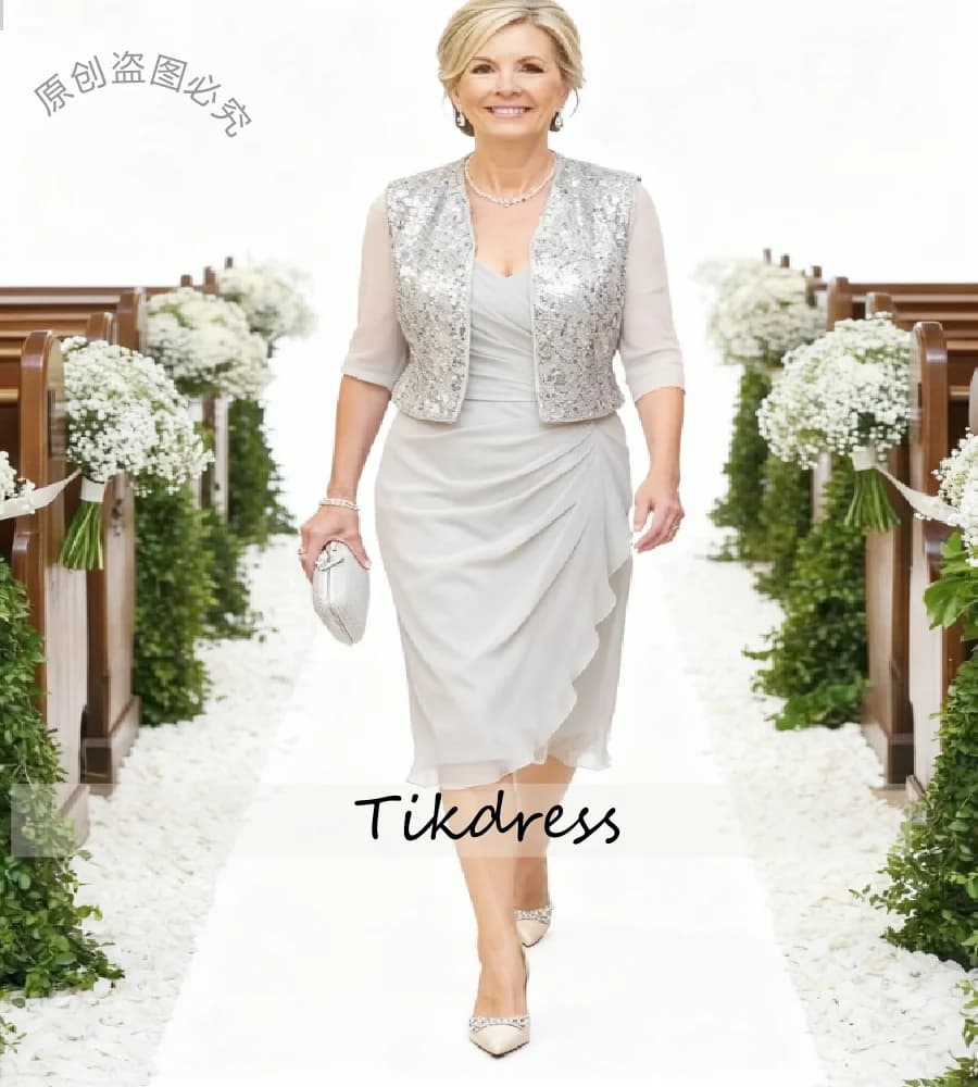 Two Piece Silver Mother Of The Bride Dress With Sequin Jacket Elegant Knee Length Groom Mom Wedding Guest Dress Short Cocktail