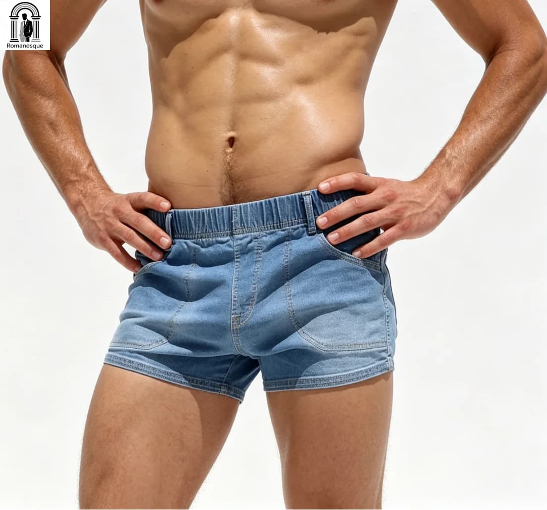 Shorts in denim da uomo azzurro slim fit con elastico in vita, pantaloncini casual skinny da spiaggia per l'estate 2026 - Streetwear