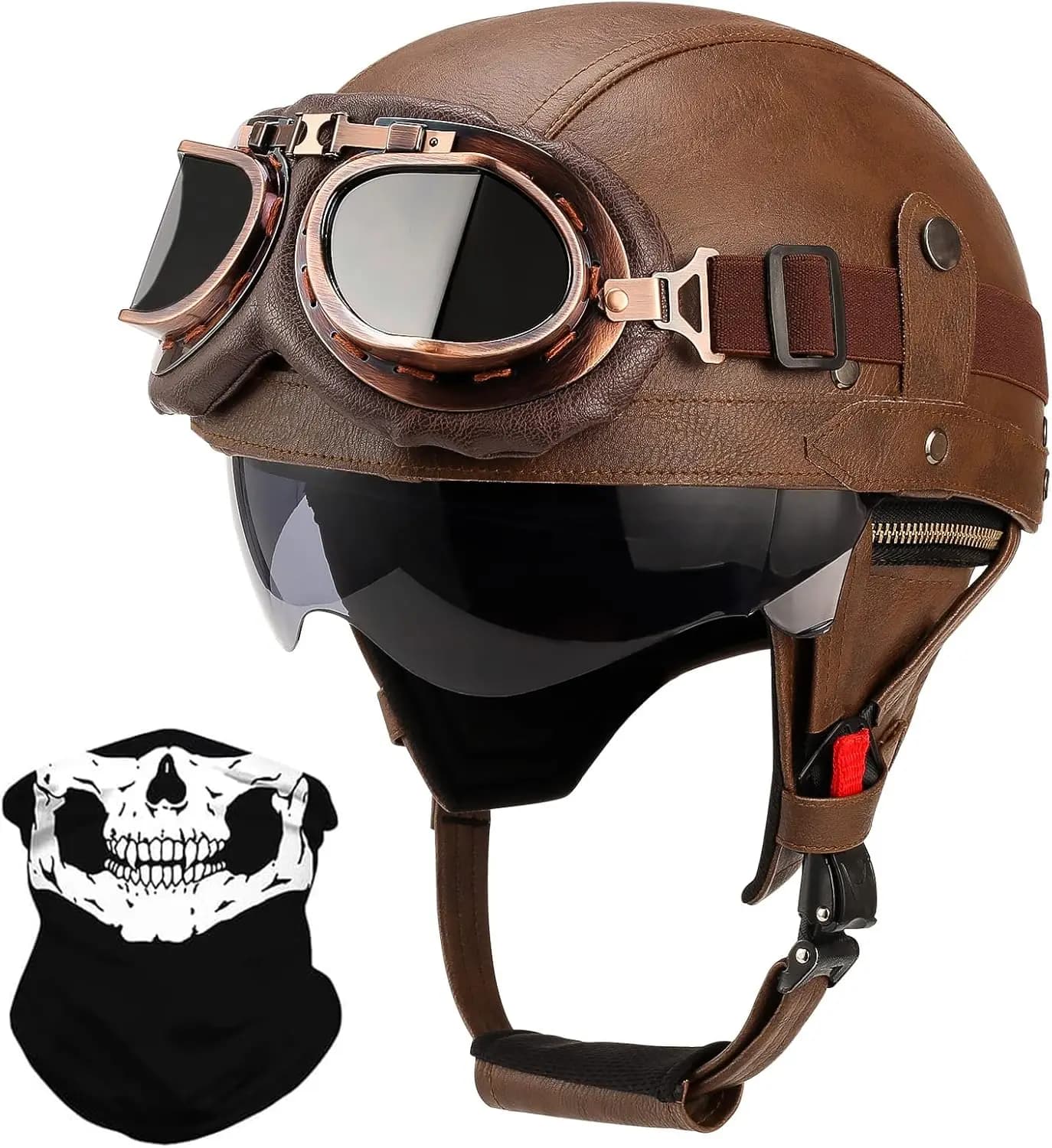 Casco Moto Vintage in Pelle Stile Tedesco per Adulti, Omologato DOT con Occhiali Protettivi