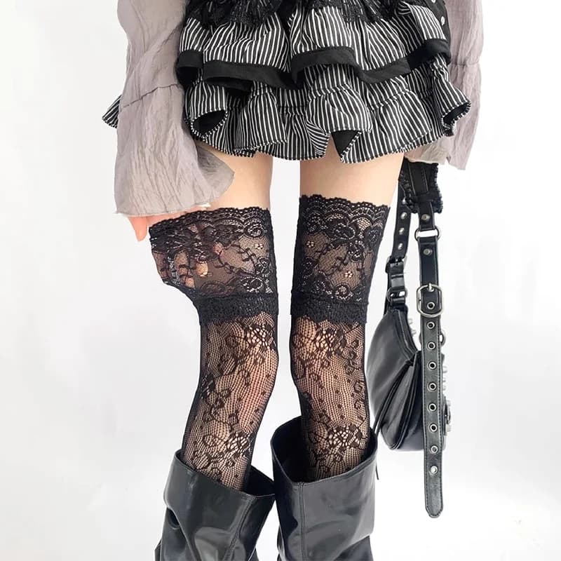 1 paio di calze autoreggenti alte da donna in pizzo a rete con fiori sexy sopra le calze al ginocchio Calzini per stivali a gamba lunga per ragazze in stile Lolita