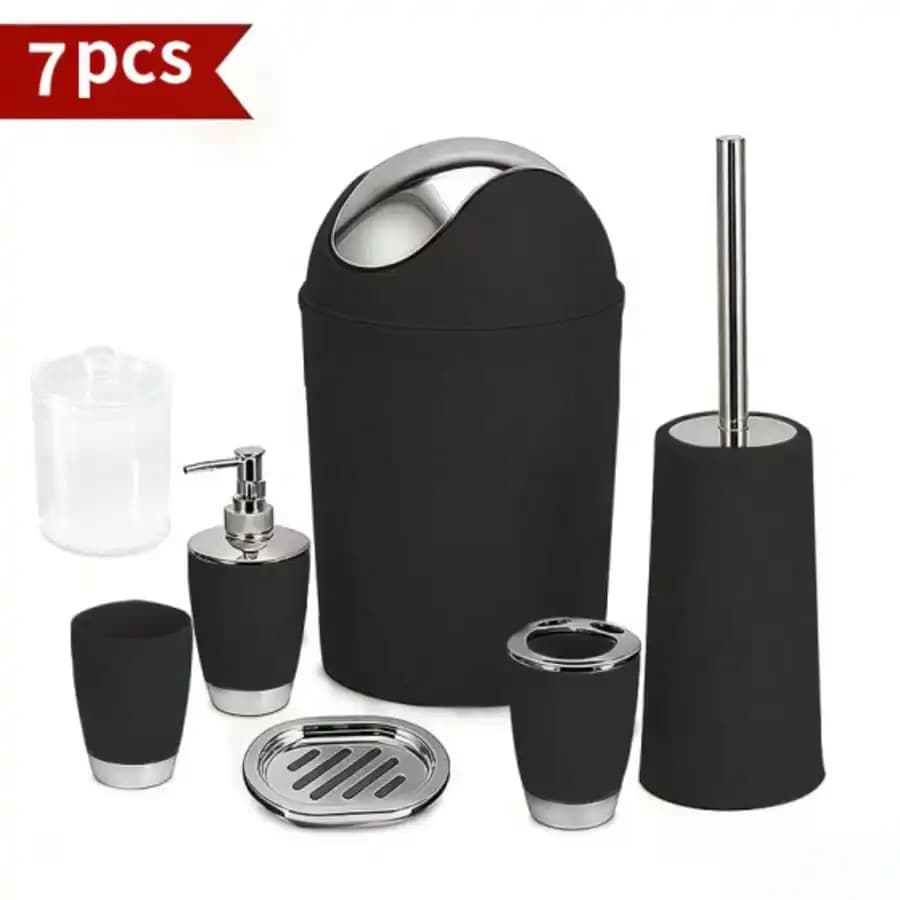 4/6/7‑Piece Luxury Modern Bathroom Accessory Set, Includes Trash Can, Toilet Brush, Soap Dispenser, Soap Dish, Rinse Cup & Toothbrush Holder, Space‑Saving Easy‑to‑Clean Bathroom Kit, Holiday Gift for Birthday, Halloween & Christmas