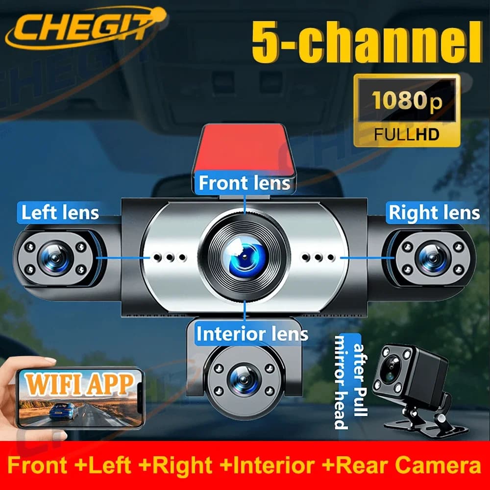 2026 Nuovo 360 ° Videocamera per auto a 3/5 canali, registratore video 1080P, DVR per auto, visione notturna anteriore, interna e posteriore opzionale, scatola nera.