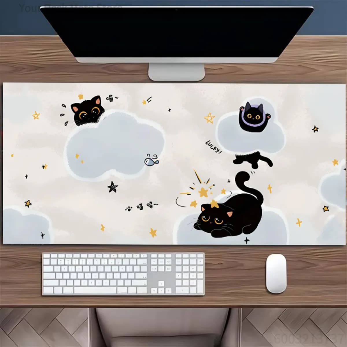 Rubber Smooth Desk Mouse Pad Black Cat & Starry Pattern Non-Slip Washable Durable Pad for Gaming E-Sports Office School Home Use