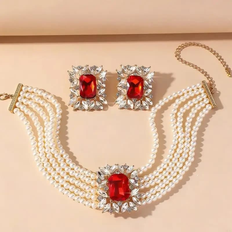 Layering Faux Pearls And Colored Crystal Necklace With Matching Earrings