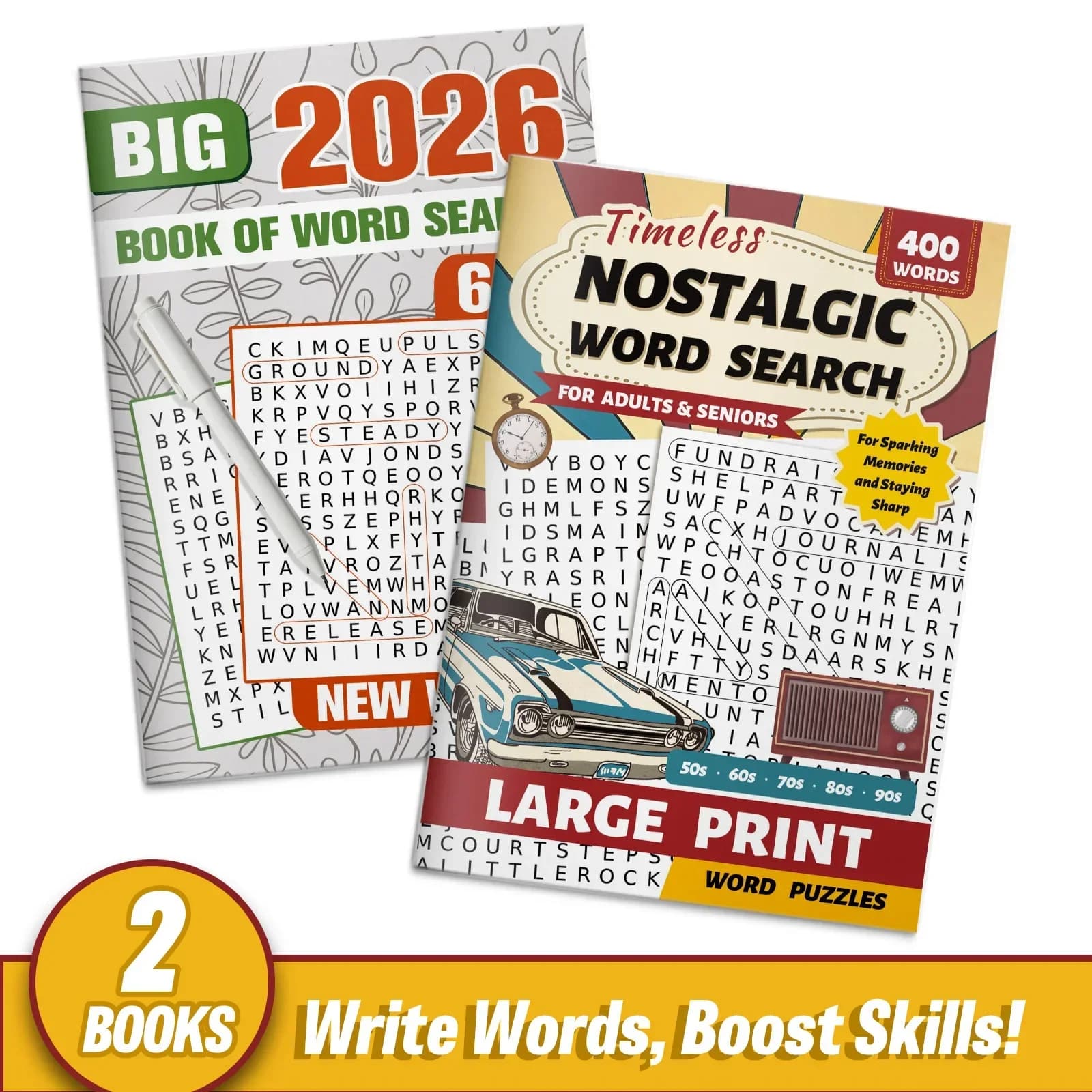 2-Pack Large Print Word Search Puzzle Collection for Adults and Seniors, 2026 Big Word Search and Timeless Nostalgic Theme