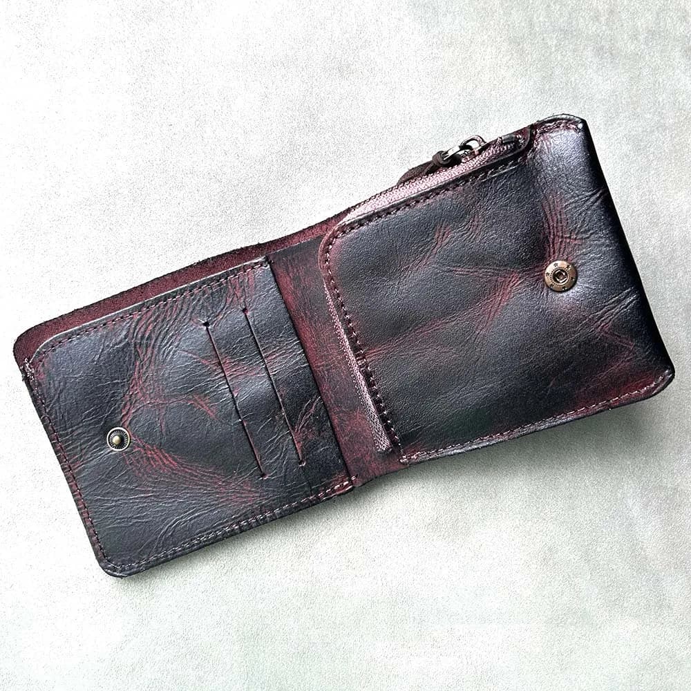 Men's wallet in light brown leather handmade with pocket coin purse wallet in pure leather with zippered coin purse