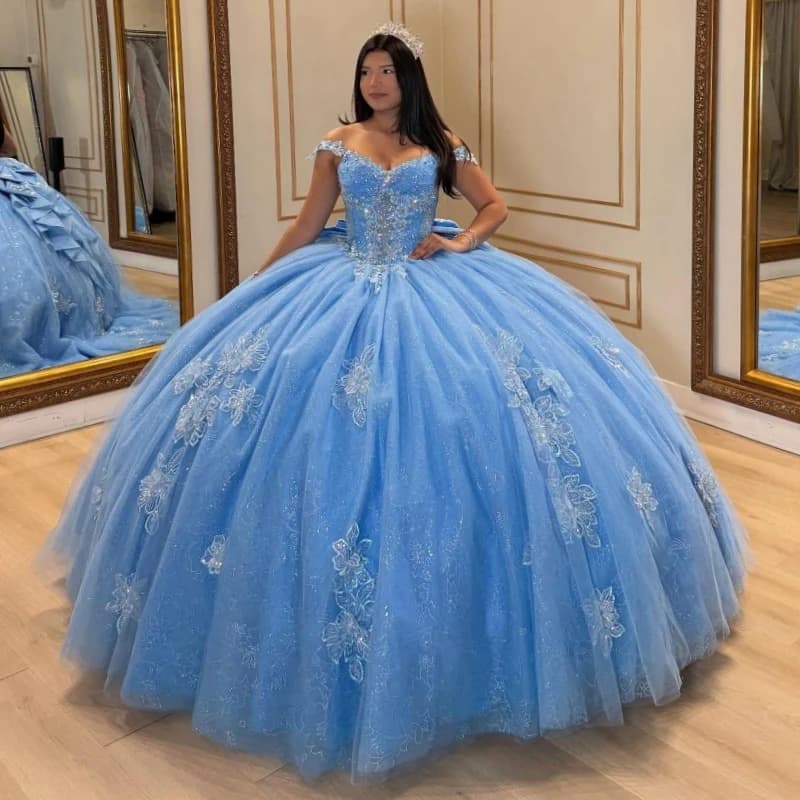 Abiti Quinceanera blu royal lucidi Abito da ballo con spalle scoperte Applique in pizzo con perline Fiocco di cristallo Corsetto in tulle Festa di compleanno