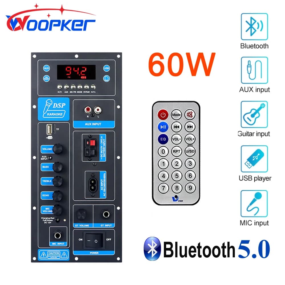 Woopker Scheda Amplificatore Ad Alta Potenza Bluetooth 5.3 Modulo Amplificatore Audio Esterno 60W Amplificatore Stereo Danza Quadrata Karaoke Reverb