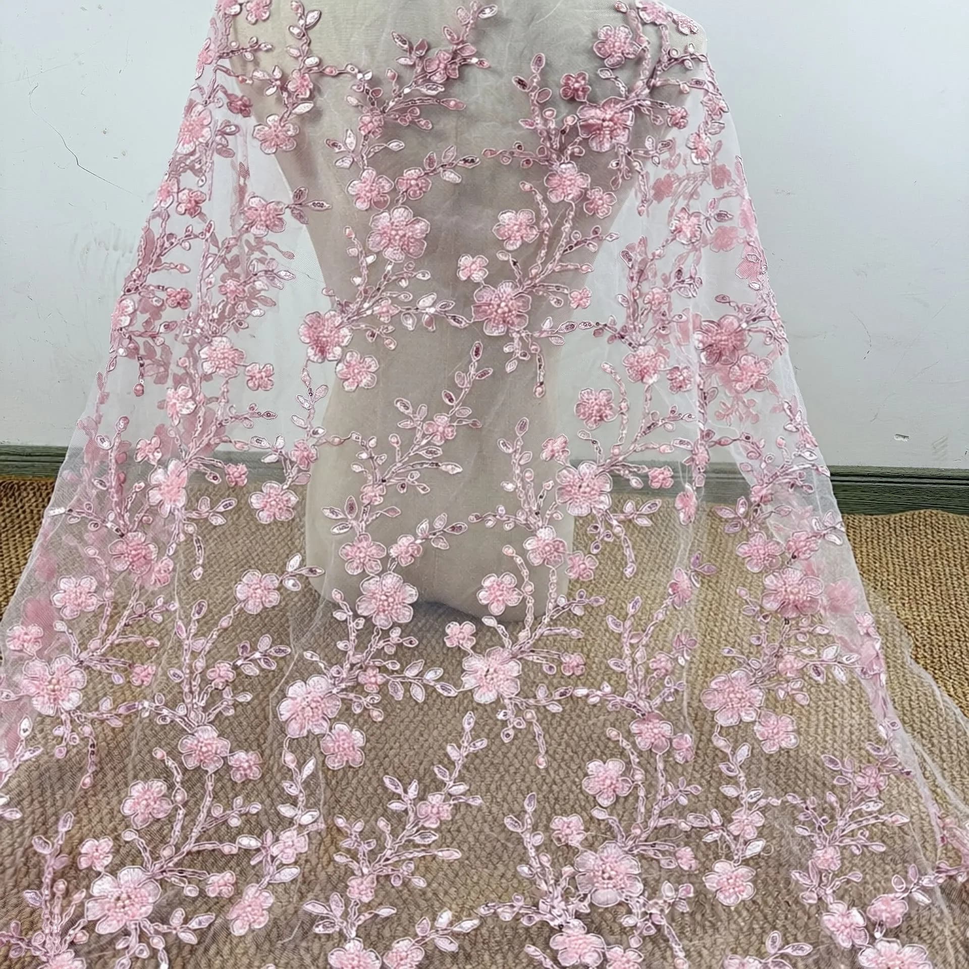 1Meter 140Cm Wide Exquisite Pink Mesh Embroidered Fabric Bugle Beads Lace Material for DIY Wedding Dress & Evening Gown F100