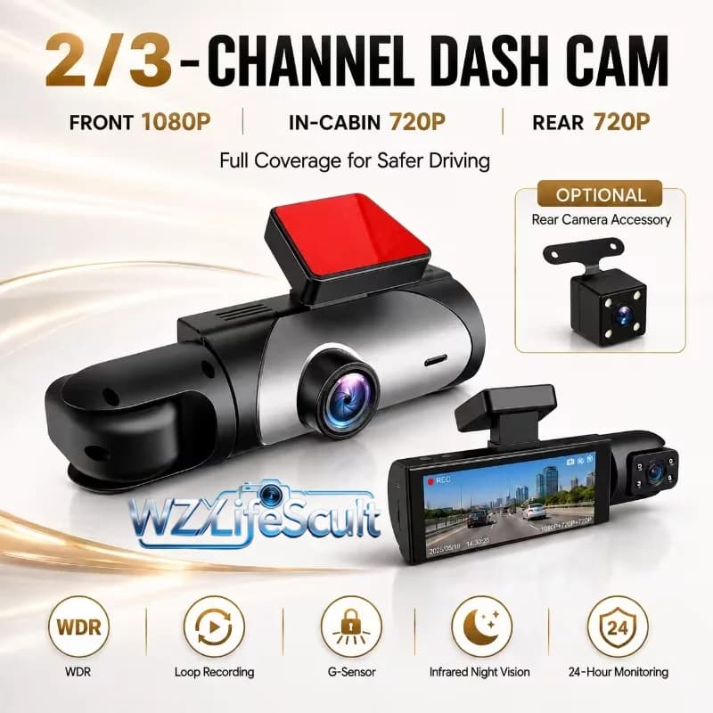 2/3-channel HD dashcam, 1080p front + 720p interior + 720p rear, WDR, loop recording, G-sensor, infrared night vision, 24-hour parking surveillance, optional rear camera, 360° all-round protection