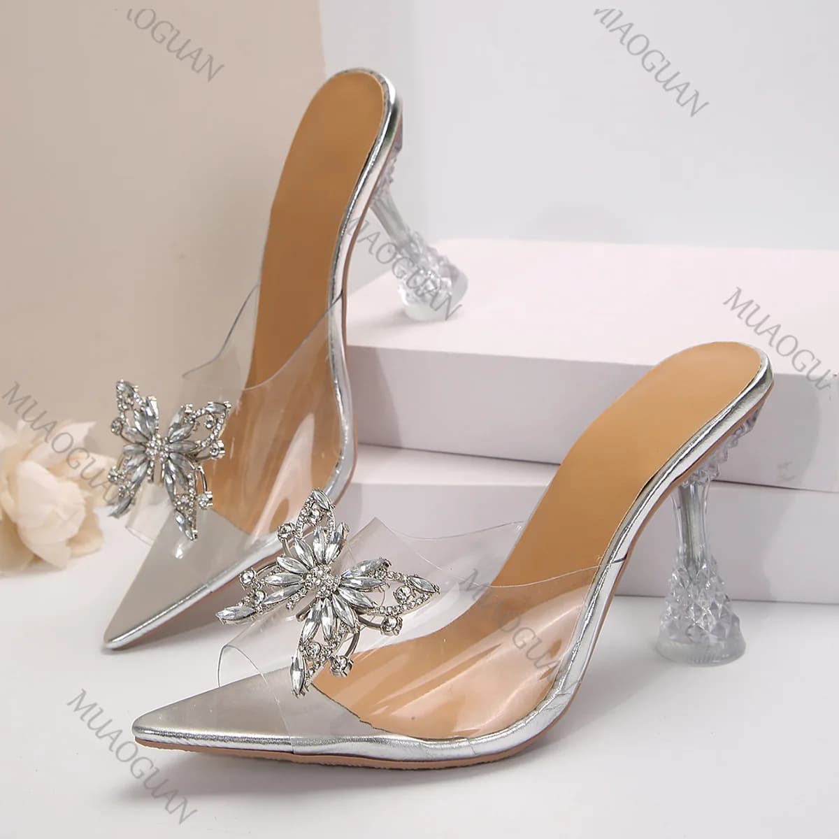 Summer PVC Transparent High-heeled Slippers for Women Elegant Pointed Toe Sexy Rhinestone Bow Fish Mouth Slides Sandals Female