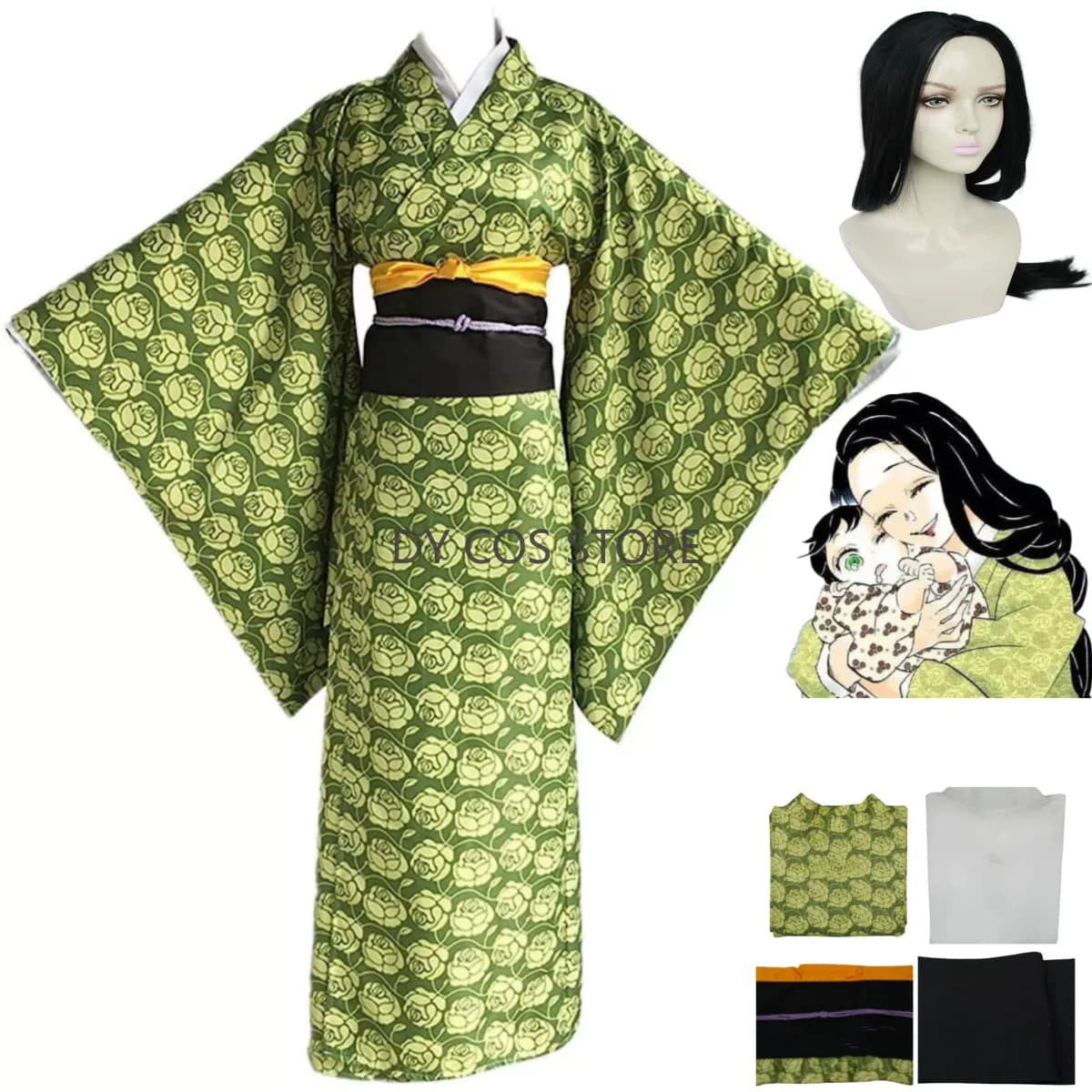 Anime Hashibira Kotoha Costume Cosplay Wig Kimono Green Japanese Bathrobe Women's Dress Adult Christmas Dress Sexy Carnival