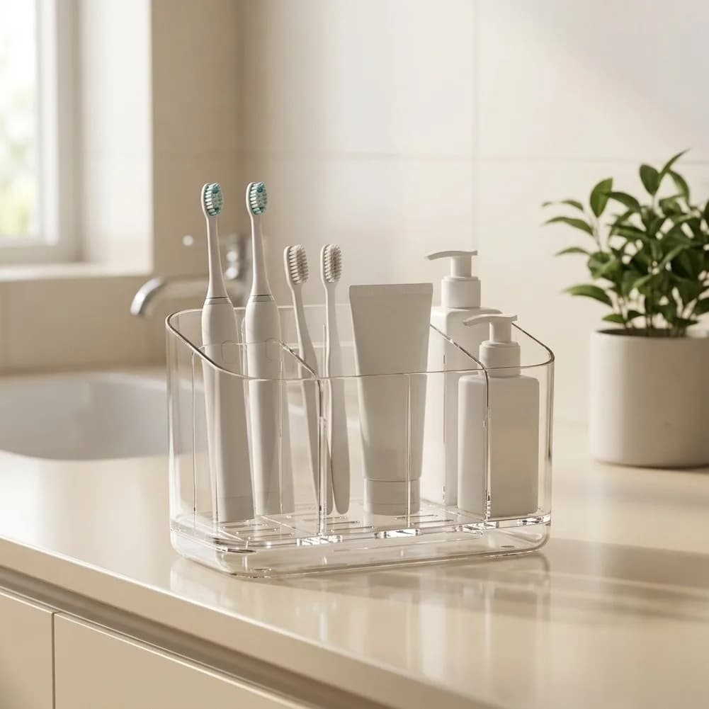Drill-Free Wall Mount Toothbrush Holder with Divided Compartments for Electric Toothbrushes and Skincare Bottles