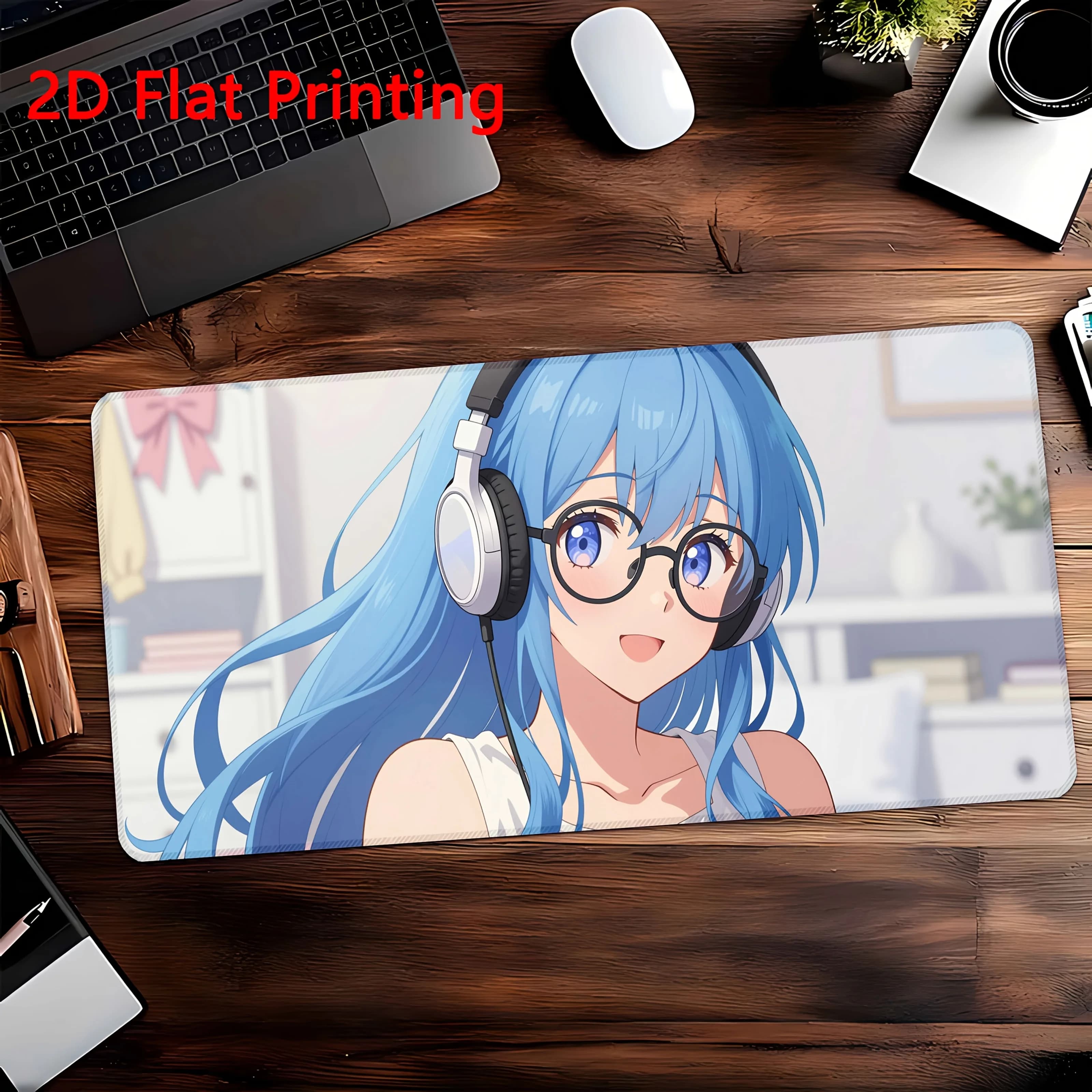Gaming Mouse Pad,Large Desk Mat,Anti-slip,Stitched Edges,Blue Hair Headset Glasses Girl Print,Keyboard Pad for Gaming & Home Use
