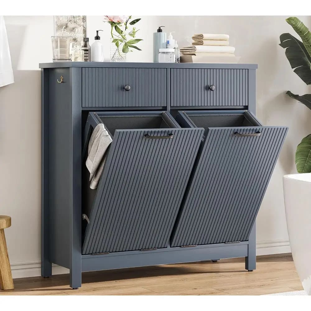 Double Hamper Cabinet with 2 Drawers, 20 Gallon Trash Can Cabinet with Laundry Basket, Hidden Wood Waste Bin for Bathroom & Kitc